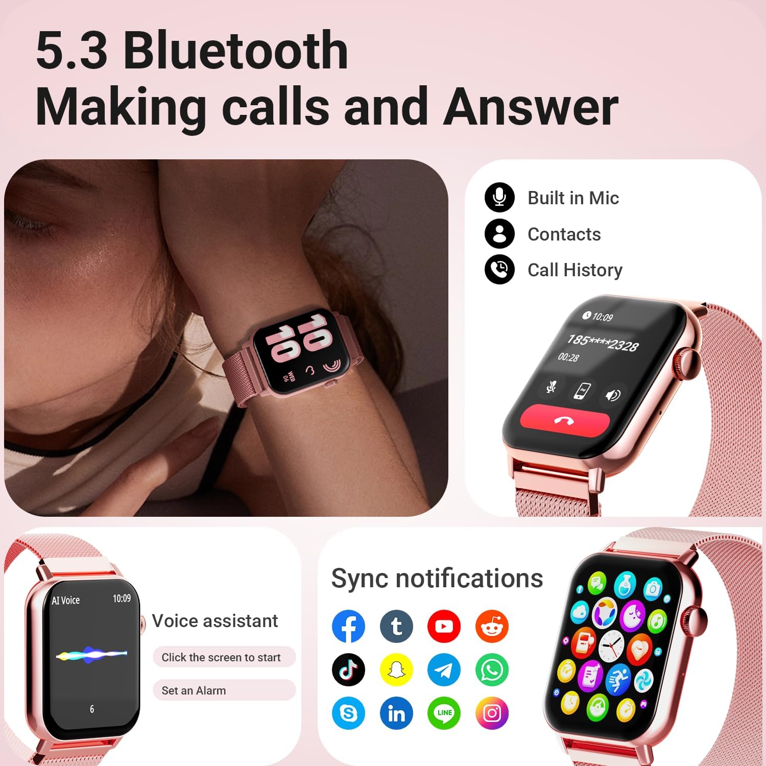 Smart Watches for Women, 1.83" HD Fitness Tracker (Answer/Make Calls), 120+ Sport Modes with Heart Rate/Sleep Monitor, IP68 Waterproof, 3 Bands, Fitness Watch for iOS Android, Pink - Image 2